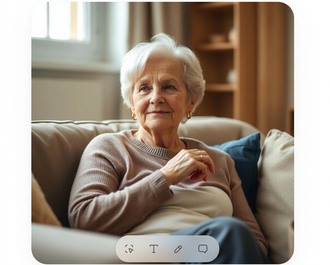 A senior woman calmly reflecting on long-term care planning