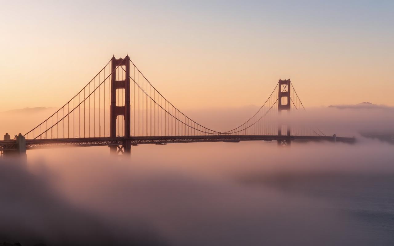 Golden Gate Bridge in soft morning fog